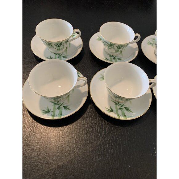 6 Noritake Toki Kaisha Footed Cup and Saucer Sets Green Bamboo Pattern 1960s Vtg - Picture 3 of 12